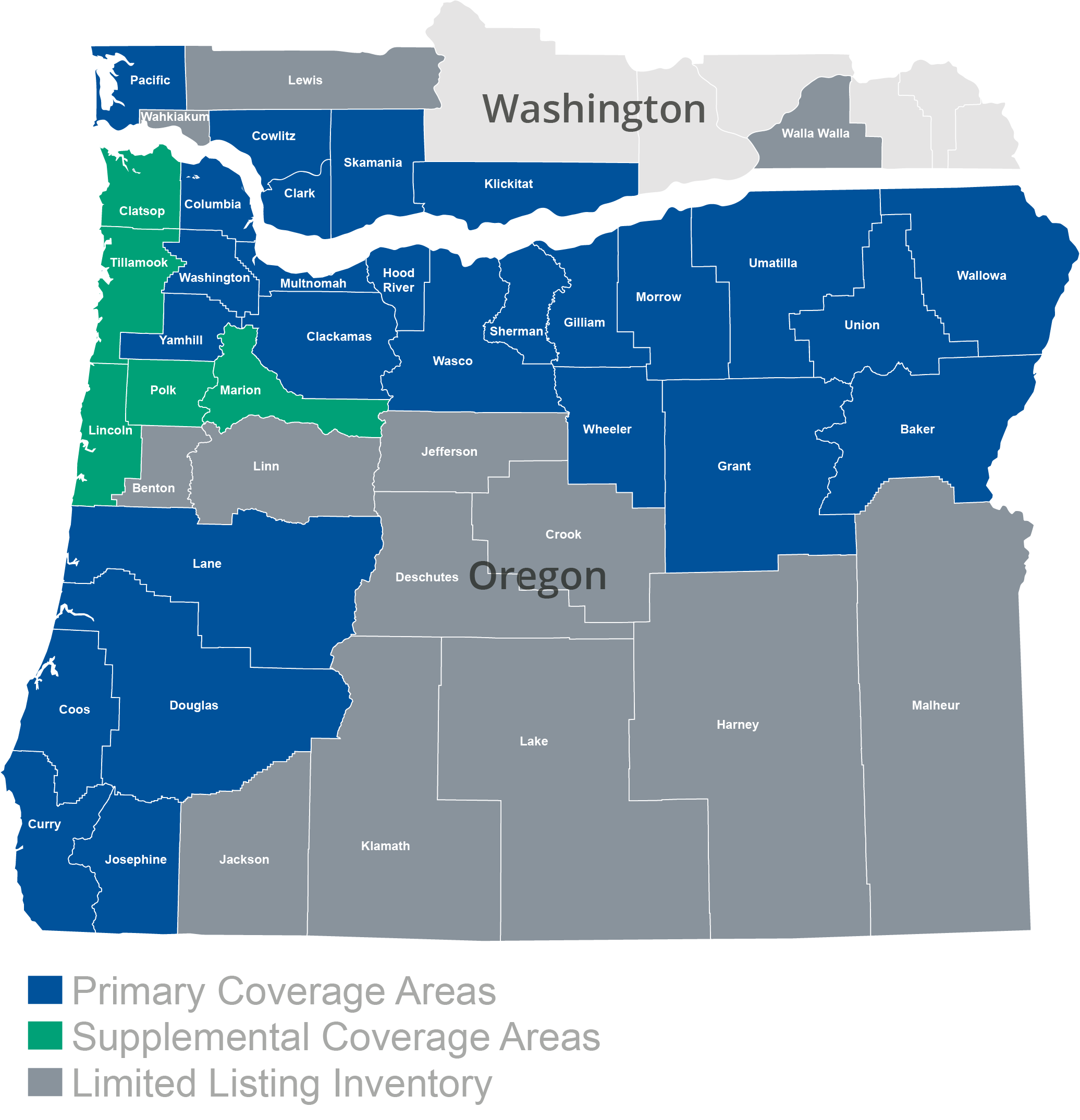 Map of RMLS primary and additional coverage areas in Oregon and Southwest Washington
